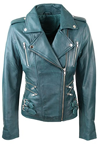 Giacca Corta da Donna e Ragazza Chiodo in Vera Pelle Stile Biker Slim Fit verde smeraldo m