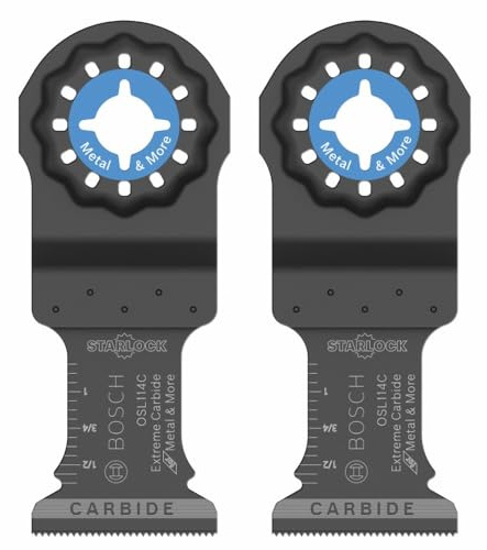 Bosch Starlock Carbide Oscillating Tool Blades, Multi Tool Blades for Cutting Iron Bar, Metal, Wood with Nails, Drywall and Tile; 2-Pack, 1-1/4“ Width (OSL114C-2)
