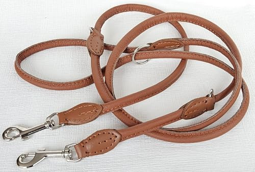 Luxus HUNDELEINE, Runde Leine, 220cm/8mm, Echt Leder + Cognac, 3xVerstellbar, handgenäht