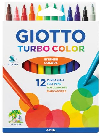 GIOTTO Turbocolor Felt Tip Fibre Pens, Fine Tip Nib 2.8mm, 12 Assorted Colours, For Children, Parties and Schools