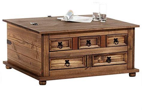 IDIMEX Mexico Möbel Truhentisch Tequila Couchtisch Truhe Wohnzimmertisch Beistelltisch im Mexiko Stil mit 5 Schubladen in braun