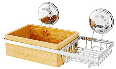 Compactor Bestlock Sugkopp utan borrning, väggmonterbart multifunktionsställ med tvål- och svamphållare, krom och bambu