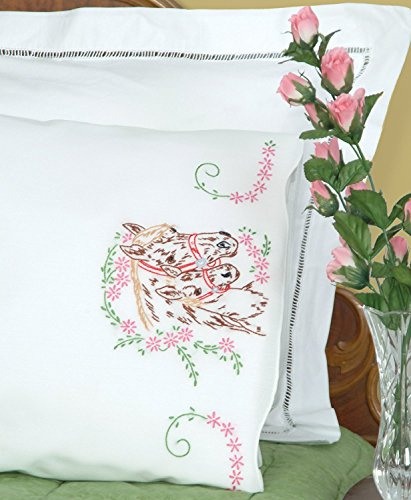 Jack Dempsey Needle Art 1600142 Perle Edge Pillowcase, Mare and Colt with Perle Edge Finish, 20-Inch by 30-Inch, White