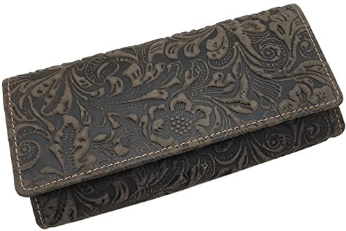 myledershop Große Vollrindleder Damen Geldbörse/Geldbeutel/Portemonnaie/Geldtasche/Portmonee mit Lianen Prägung oder ohne Prägung und RFID & NFC Schutz inkl. Nähset (Mit Lianen Prägung/Braun)