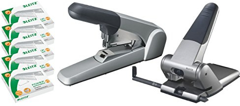 Profi Set: Leitz 55520084 Extrastarkes Flachheftgerät, Heftleistung 60 Blatt, silber mit 5.000 Klammern Grundausstattung, silber und Leitz 5180 extrastarker Registraturlocher langer Hebel Stanzleistung 65 Blatt à 80 g/m²