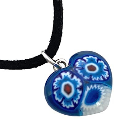 Halskette mit Herz-Anhänger Murano-Glas mit Millefiori-Element 2 x 2 cm inklusive Geschenkbox
