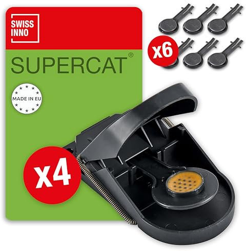 SWISSINNO Trappola per Topi SuperCat: Professionale con Esca al Burro di Arachidi, Meccanismo a Molla Potente, per Topi Grandi e Piccoli, Uso Interno ed Esterno - 4 Trappole + 6 Esche