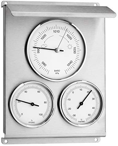 TFA Dostmann Analoge Wetterstation außen, 20.2010.60, mit Barometer, Hygrometer und Thermometer, aus Edelstahl, wetterfest, silber
