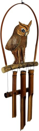 GURU SHOP Exotisches Bambus Klangspiel - Windspiel `Eule`, 70x20x4 cm