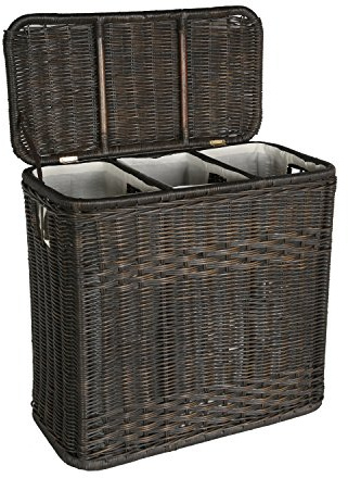 The Basket Lady 3-Compartment Wicker Laundry Sorter Hamper, 30 in L x 15 in W x 28 in H, Antique Walnut Brown
