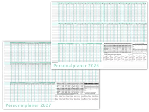 Urlaubsplaner/Personalplaner 2026 + 2027 nass abwischbar mit Folienkaschierung - DIN B2 Format (700 x 500 mm) 22 Mitarbeiter Januar bis März Folgejahr mit Schulferien (gerollt!)