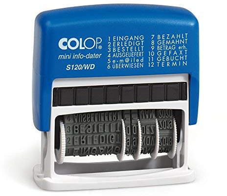 Colop S120/WD MiniInfoDater Schrifthöhe 4 mm Kissen blau/rot 12 Texte Farbe Blanko (ungetränkt)