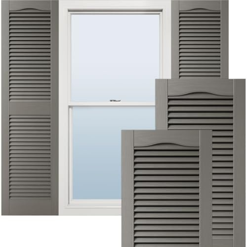 Ekena Millwork Lifetime Vinyl LL1S14X04300TG, Klapp-Fensterläden, Kathedralendesign, offene Lamellen, Montagezubehör, passende Schrauben (pro Paar), 36,8 x 109,2 cm (B x H), Grau (Tuxedo Grey)