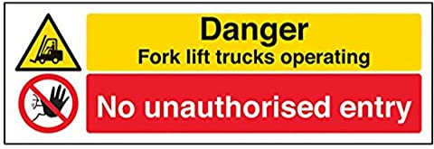 V Safety Danger Fork Lift Trucks Operating No Unauthorised Entry Sign - Landscape - 300mm x 100mm - Self Adhesive Vinyl, Black/Red/Yellow
