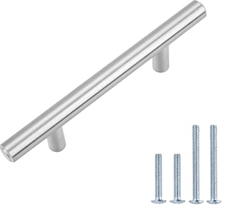 Amazon Basics Euro Bar Cabinet Handles, Drawer Pulls, Kitchen Cabinet Hardware, 5.38-inch Length, 3-inch Hole Center, 1/2-inch Diameter, Satin Nickel, 25-Pack