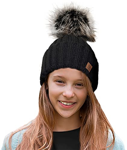 4sold Rita Barnmössa för vintern, stil beanie, stickad mössa med pälstofs, toppluva, huvudbonad, skidåkning, snowboard, svart, En Storlek