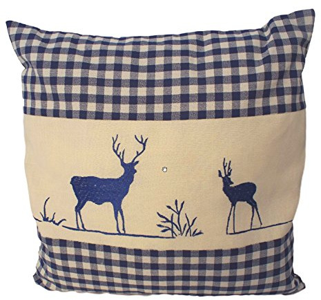 myZirbe Zirbenkissen blau kariert mit Hirsch Stickerei befüllt mit Zirbenflocken aus 100% Alpen Zirbenholz Größe 40x40 cm