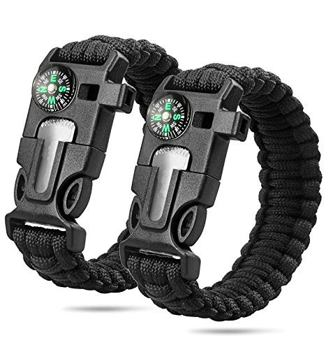 wooboo 5-in-1 Survival-Armband aus Paracord-Seil mit Outdoor-Werkzeugen: Feuerstein, Pfeife, Kompass, Feuerschaber, schwarz/schwarz