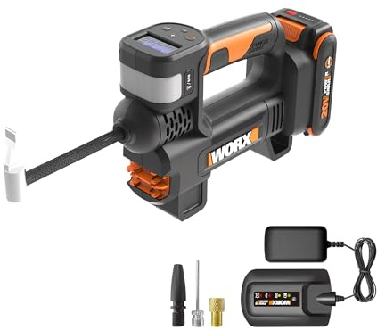 WORX Tire Inflator Portable Air Compressor, Cordless Air Pump for Car Tires, Motorcycle & Balls, 20V 150 PSI Bike Pump with Digital Pressure Gauge & Auto Shut-Off, Battery & Charger Included, WX092L