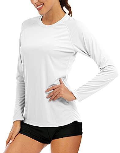 MAGCOMSEN Women's Long Sleeve Rash Guard Shirt - UV Protection, Hiking, Running, Fishing - White