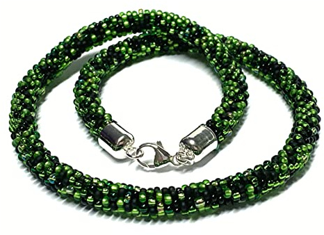Halskette gehäkelt Glasperlen 925 Silber Schließe Handarbeit Unikatschmuck Häkelkette 45cm schwarz grün