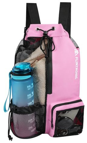 flintronic Swimming Bag, Waterproof Swim Bag Sport Gym Bag, Drawstring Mesh Bags, Large Swim String Backpack with Wet & Dry Compartment, Swimming Equipment Bag for Men Women Beach, Gym, Sport, Rose