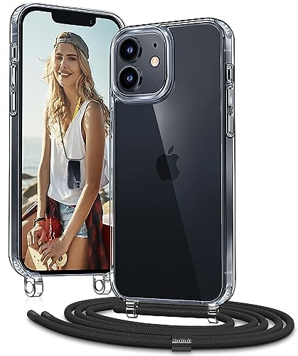 Vaykwo Handykette für iPhone 12 Mini Hülle mit Band, Schwarz | Necklace Handyhülle, Transparente Case zum Umhängen, Verstellbar und Abnehmbar
