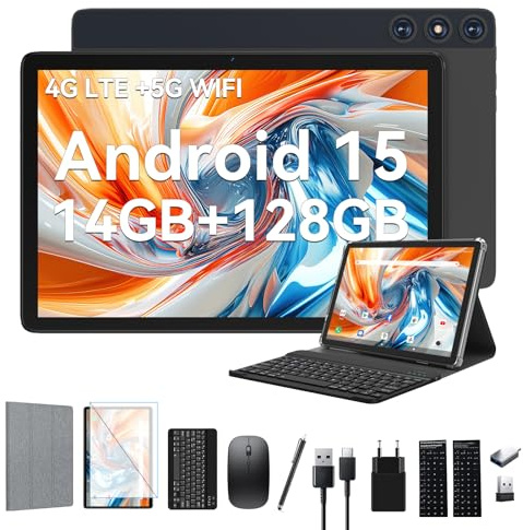 FEONAL Android 15 Tablet 10 Zoll, 4G LTE Tablets Mit 2 SIM 1 SD Slot, 5G WiFi Tablett PC Mit 14GB+128GB(1TBTF), Tablet Mit Tastatur Maus Stift & Hülle, 8-core, 1080FHD, 21MP, 7000mAh, GPS/OTG - Grau