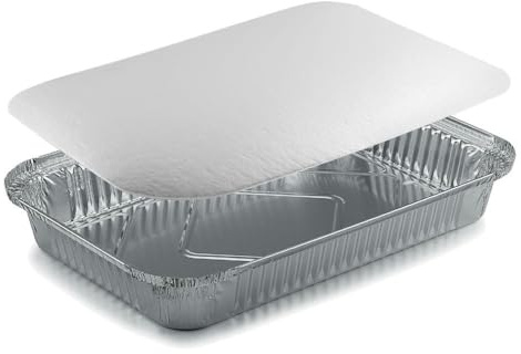 Generico 50/100 Vaschette in Alluminio bordo L VARIE DIMENSIONI Rettangolari + COPERCHI Argentate contenitori per Alimenti USA e Getta, teglie in Alluminio per Takeaway (50pz 6 porzioni 31x21,4cm)