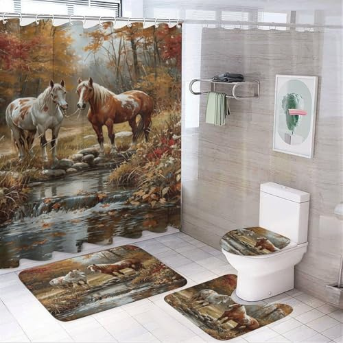 Rustic Natural Horses Shower Curtain Sets with Non-Slip Rug, Toilet Lid Cover And Bath Mat, Wildlife Paintings Forest Scenery Shower Curtain Sets with 12 Hooks, Shower Curtain for Bathroom Set Decor
