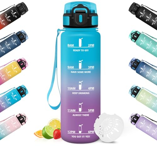 HoneyHolly Trinkflasche 1L, Zeitmarkierung, Wasserflasche, Auslaufsicher, Trinkflasche Sport, Wiederverwendbar, Water Bottle für Fitnessstudio, Radfahren, Büro, Outdoor, Wasserflasche Auslaufsicher