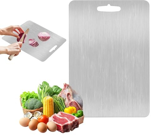 Titanium Cutting Board, Food Grade 304 Stainless Steel Chopping Board for Kitchen, Hygienic Metal Chopping Board with Hanging Hole & Round Edge for Meat, Fruit, Vegetables (23 x 34cm)