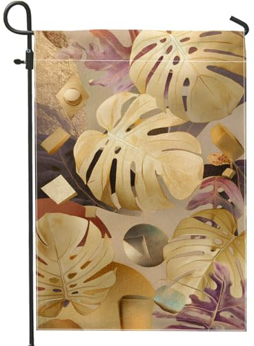 Élégant drapeau de jardin à feuilles de Monstera dorées, bannière tropicale beige, bannière extérieure double face en toile de jute pour décoration de cour printemps-été, décoration de maison