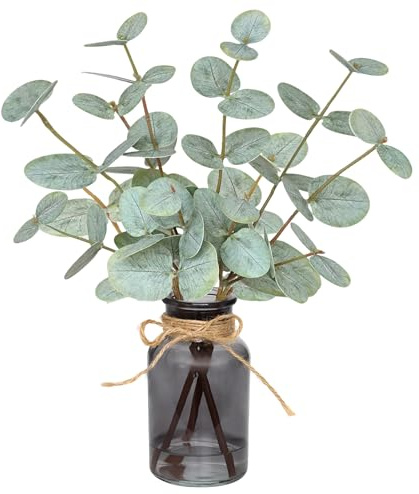 Piklado Artificial Eucalyptus Stems in Vase with Faux Water,Fake Plants for Bathroom,Coffee Table,Green Leaves for Centerpiece,Faux Greenery Plants Decorations.(Green-Black Bottle)