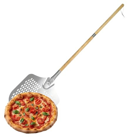 Relaxdays Pizzaschieber, perforiert, Abnehmbarer Holzgriff, 132 cm Länge, Pizzaschaufel, Aluminium & Edelstahl, Silber