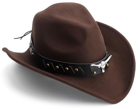 VOSSOT Braun Cowboy Hut Damen,Hut Herren,Cowboy Hut Herren,Cowboy mit Lederband, mit Bullenkopf-Applikation & Verstellbarem Band (56-60 cm) für Gartenarbeit,Badeausflug,Mottopartys