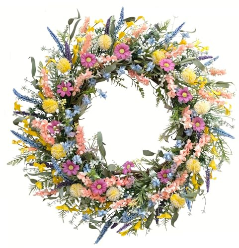 Vårkransar för ytterdörren, 45 cm blomkrans med lavendel och tusensköna, färgglad välkomstkrans för inomhus- och utomhusdörrdekor väggdekor
