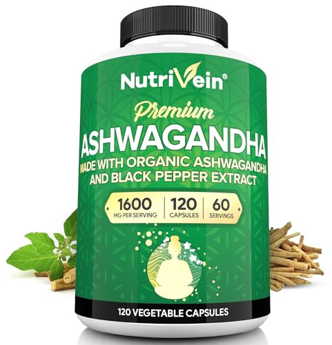 Nutrivein Ashwagandha for Men & Women - 1600mg - Enhanced with Black Pepper - High-Absorption Root Powder Ashwagandha Supplements for Mood Balance, Restful Sleep, & Focus - 120 Vegan Capsules