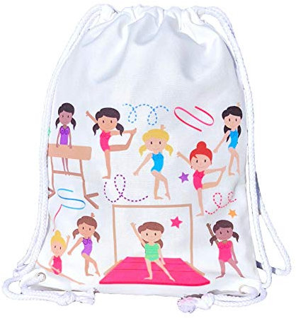 HECKBO Sacca per Bambine, Borsa per Danza, Cotone - Sfondo Bianco, Motivo con Ginnaste - Educazione Fisica, Asilo, Scuola Materna, Gita - Borsa da Ginnastica per Bambine - 40x32cm