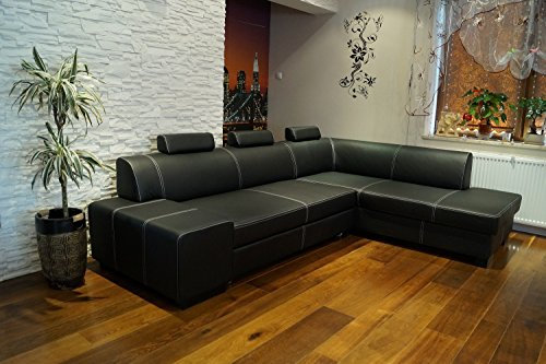 Quattro Meble Echtleder Ecksofa London II 3z 275 x 200 Sofa Couch mit Bettfunktion, Bettkasten und Kopfstützen Schwarz Echt Leder mit Ziernaht Eck Couch große Farbauswahl