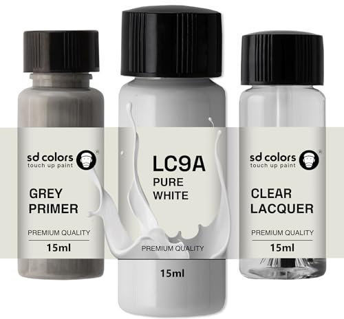 SD COLORS - Kit de peinture de retouche blanc pur, code couleur LC9A, 15 ML, avec pinceau anti-éraflures, anti-rayures (peinture, apprêt, vernis)