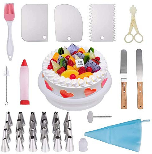 35-Teiliges Tortenplatte Drehbar Tortenständer Inklusive Spritztüllen Set Und Spritzbeutel, Dekorierstift, Tortenmesser, Teigschaber, Backpinsel, Blume Lifter, Spitze Koppler