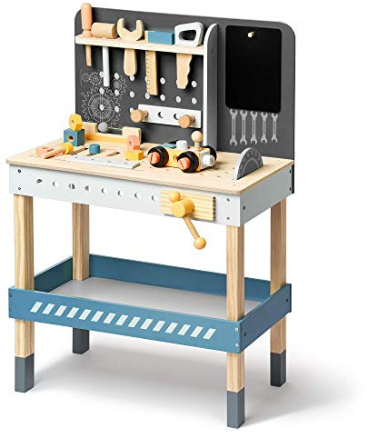 ROBOTIME Kids Tool Bench, Wooden Toy Tool Bench with Realistic Tools and Electric Drill, Kids Workbench for Kids Pretend Play Learning, Toddler Tool Bench Gift for Boys & Girls Age 3-5 (Blue)