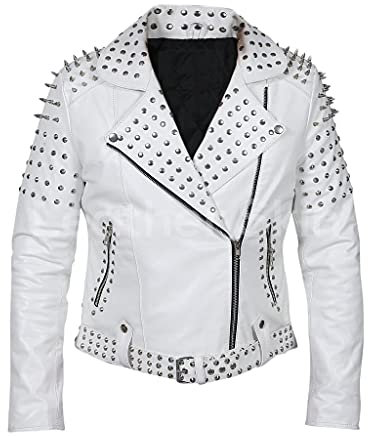HiFacon Gothic Herren Spike Brando Motorrad Punk Rock World Nieten Retro Weiß Biker Lederjacke, Weiß - Lederjacke mit Nieten, S