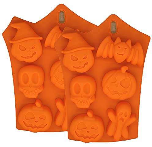 2 Packs Halloween Silicone Moulds, Chocolate Mould Silicone Pumpkin Ghost Skull Bat Shape Molds DIY Baking Mould for Thanksgiving Day Halloween Party