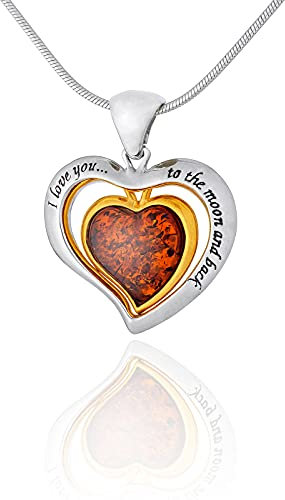 AMBEDORA Damen Halskette 925 Silber Vergoldet 14k Baltischen Bernstein Herzchen Anhänger V1 mit Bernstein Doppel Herzchen mit Gravur - J love you to the moon and back