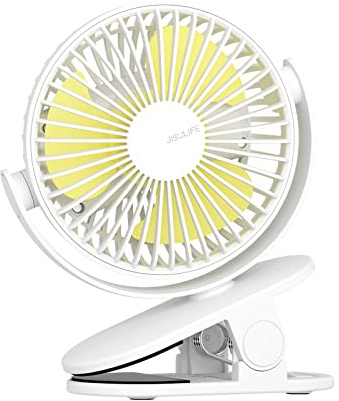 JISULIFE Clip on Tischventilator, Mini Kinderwagen Lüfter, 4000 mAh USB Kleiner Lüfter mit 16 Stunden, 4 Modi Leiser Akku Lüfter für Outdoor Camping Golfwagen Indoor Laufband - Weiß