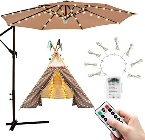 Sunlisky Parasol Lighting, LED Parasol Fairy Lights, 8 Strands x 1.3 m, 3000 K, Warm White, Battery Powered, Remote Control, IP65 Waterproof, Decorative Light for Patio, Garden, Party