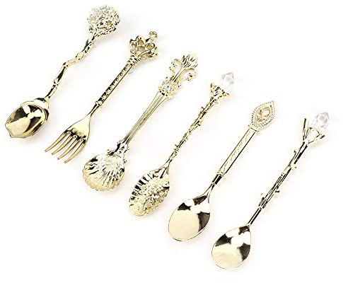 Vintage Geschnitzter Kaffeelöffel, 6 Teile/Set Teelöffel Retro Zinklegierung Dessert Kaffeegeschirr Löffel Besteck Küche (Gold (Glücksknoten-Gabelgriff))
