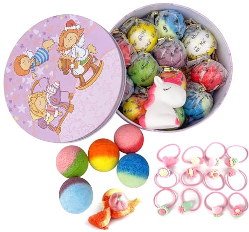 Bath Bombs for Kids, 12+1 Bath Bombs with Girls Hair Ties Inside Bonus1 Funny Squeaking Toy, Organic Colorful Bubble Bath for Kids Safe, Tin Box for Girls Gift Set for Birthday, Party, Easter
